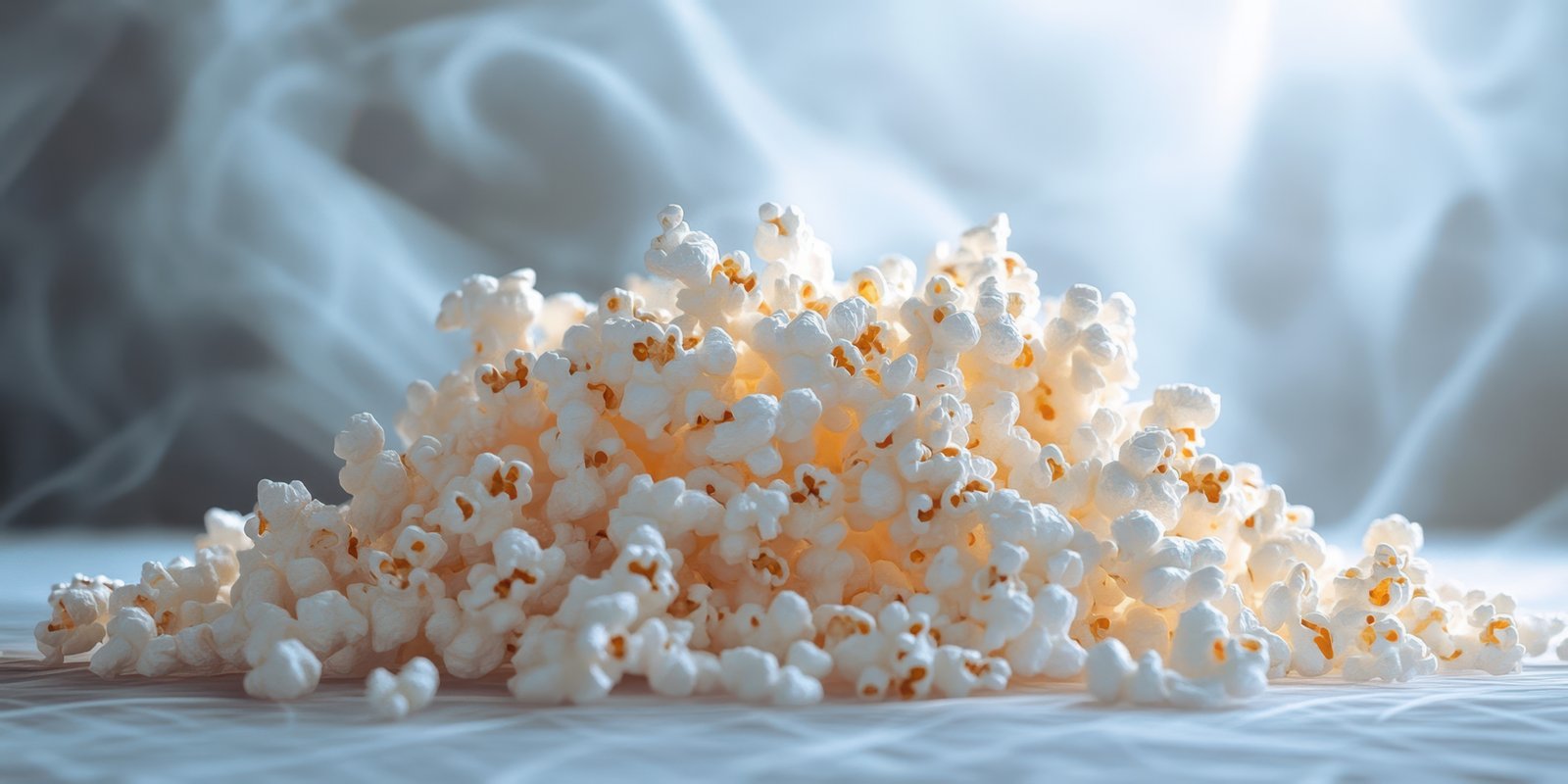 Delicious white popcorn piled high against a backdrop of soft, smoky light in a cozy snack setting